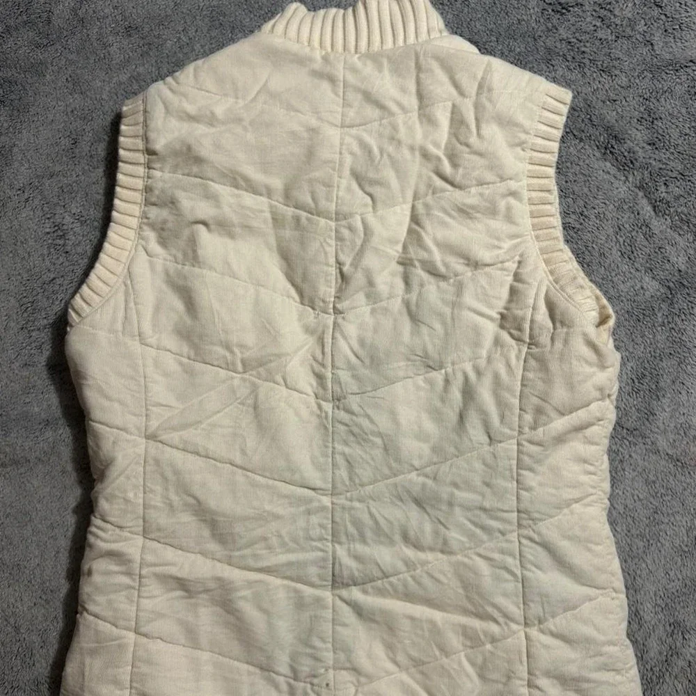 Eddie Bauer Womens M Ivory Quilted Puffer Vest Corduroy Rib Knit Collar Full Zip